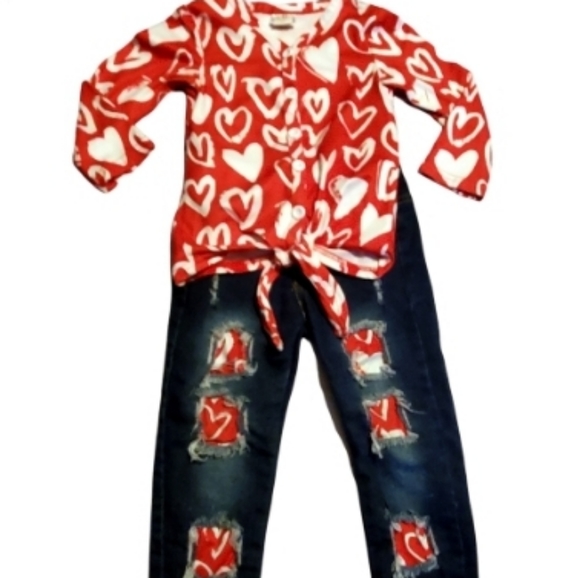 Mia Bella 2 piece Red Heart Tie Shirt & Peek a boo Jeans S 2T - Picture 1 of 11